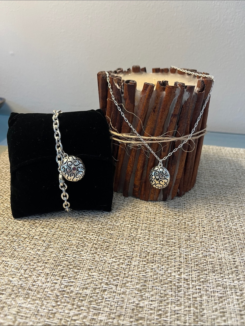 Matching Locket Filigree Necklace & Bracelet Set - Garnet & Black Accents - Picture 3 of 14